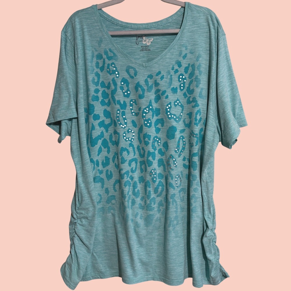 Just My Size Women 4X Aqua Leopard Silver Dot Ruched Side V-Neck T-Shirt Top Y2K